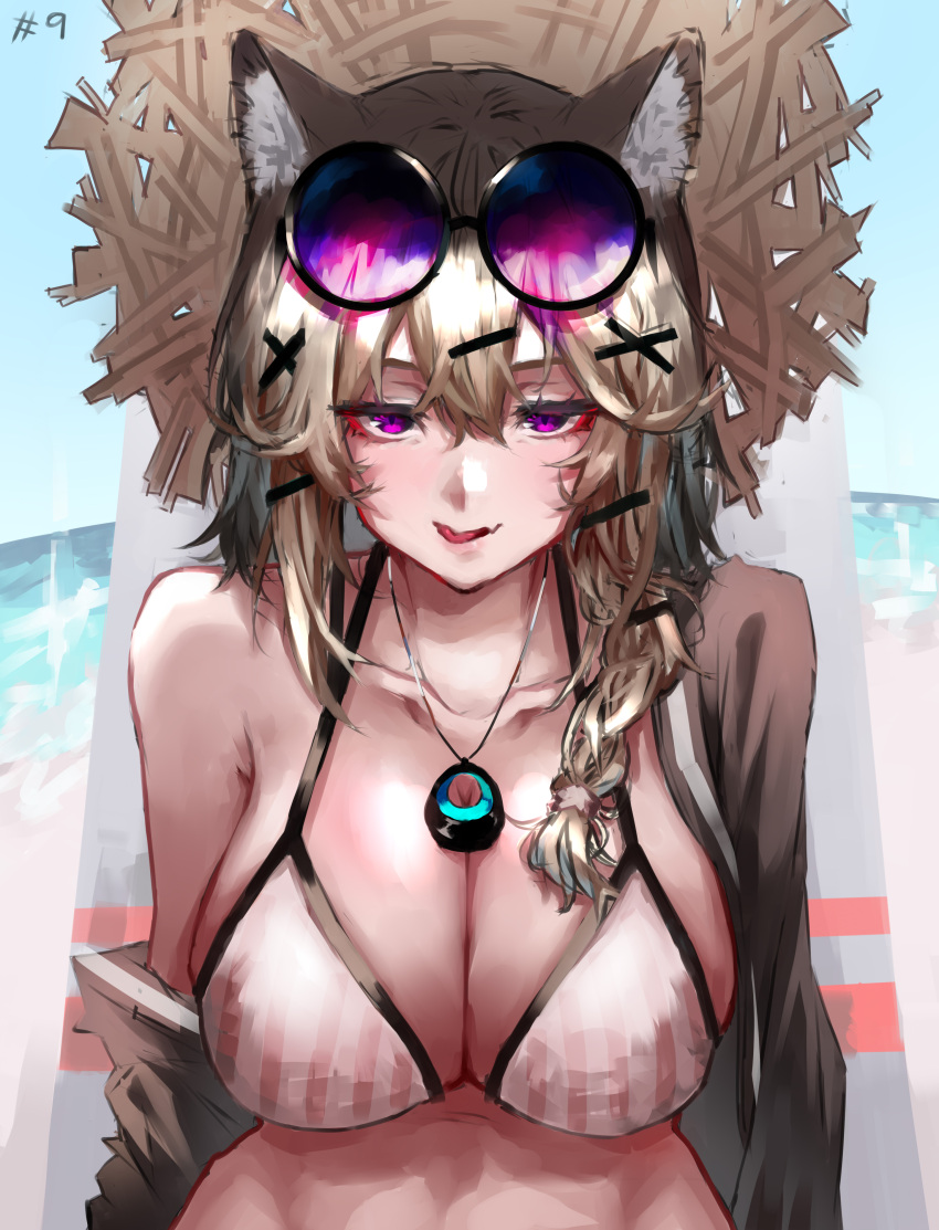 1girl :p absurdres animal_ear_fluff animal_ears arknights bangs bikini black-framed_eyewear blonde_hair braid breasts brown_headwear cleavage collarbone eyewear_on_head hair_ornament hairclip half-closed_eyes hat highres jewelry long_hair looking_at_viewer naughty_face necklace off_shoulder official_alternate_costume open_clothes parted_lips purple-tinted_eyewear purple_eyes side_braid single_bare_shoulder solo straw_hat striped striped_bikini sunglasses swimsuit tinted_eyewear tongue tongue_out upper_body utage_(arknights) utage_(summer_flowers)_(arknights) vertical-striped_bikini vertical_stripes white_bikini x_hair_ornament yuukiey