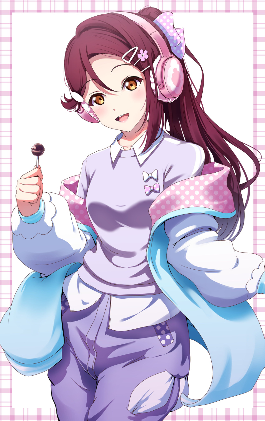 1girl :d absurdres amagi_(volfuji) border candy collared_shirt commentary cowboy_shot food hair_intakes hair_ornament hairclip head_tilt headphones highres holding holding_candy holding_food holding_lollipop jacket layered_shirt lollipop long_hair looking_at_viewer love_live! love_live!_sunshine!! off-shoulder_jacket off_shoulder open_clothes open_jacket open_mouth outside_border pants pink_border plaid plaid_border polka_dot ponytail purple_pants purple_shirt red_hair sakurauchi_riko shirt single_bang smile solo unmoving_pattern white_background white_jacket white_shirt yellow_eyes