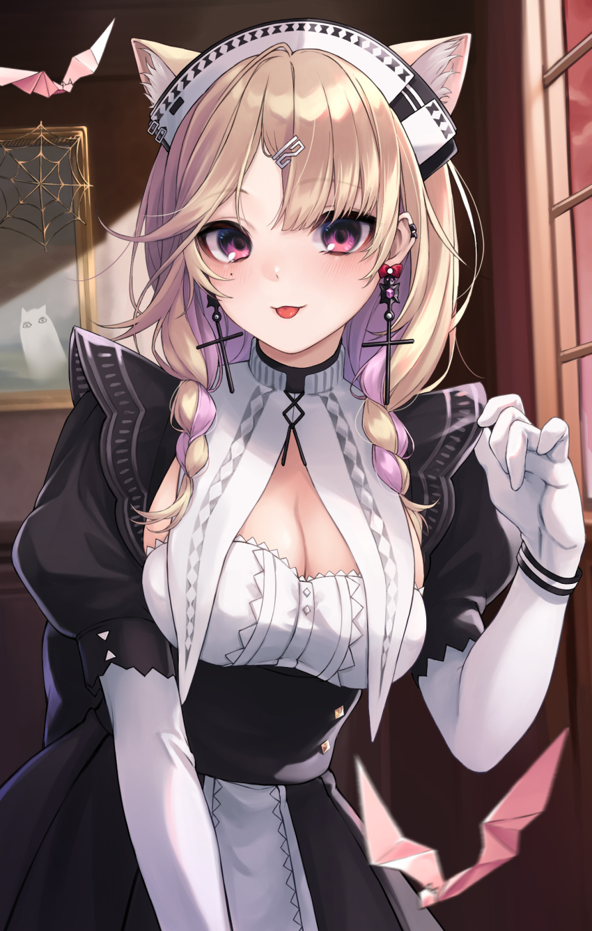 1girl animal_ears arknights black_dress blonde_hair braid breasts cat_ears cat_girl cleavage dress earclip earrings elbow_gloves extra_ears gloves highres indoors jewelry kazemaru_(arknights) kazemaru_(like_illusion)_(arknights) long_hair maid maid_headdress medium_breasts multicolored_hair nameko_houshi official_alternate_costume picture_frame pink_eyes pink_hair solo streaked_hair tongue tongue_out twin_braids upper_body white_gloves window