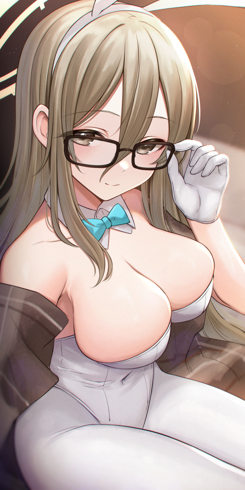 1girl akane_(blue_archive) akane_(bunny)_(blue_archive) akky_(akimi1127) animal_ears aqua_bow aqua_bowtie black-framed_eyewear blue_archive bow bowtie breasts brown_eyes covered_navel detached_collar fake_animal_ears glasses gloves hair_between_eyes highleg highleg_leotard highres large_breasts leotard light_brown_hair pantyhose plaid_shawl playboy_bunny rabbit_ears shawl solo strapless strapless_leotard traditional_bowtie white_gloves white_leotard white_pantyhose