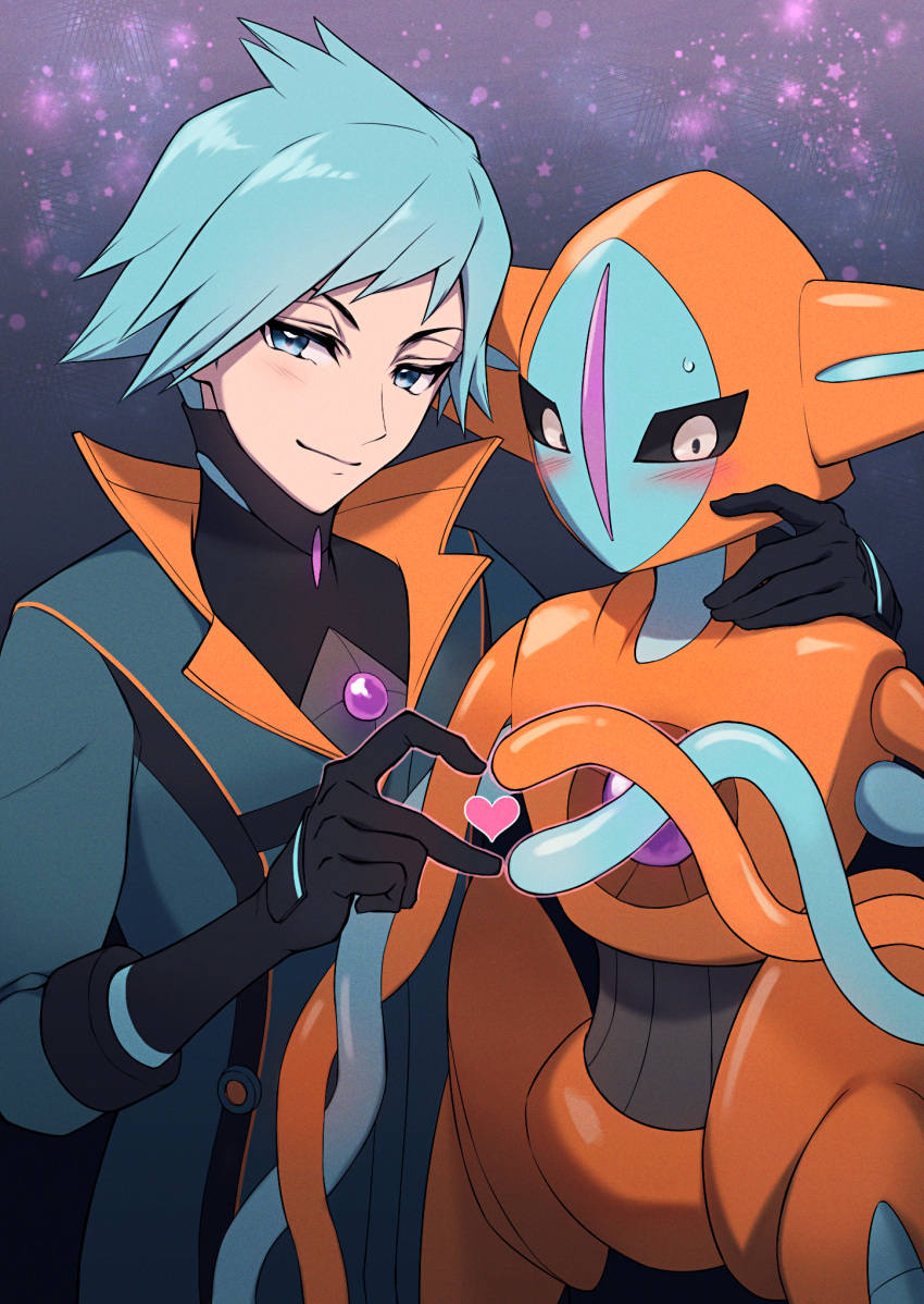 1boy 1other arm_around_neck bangs black_bodysuit black_gloves black_sclera blue_eyes blue_hair blue_jacket blue_skin blush bodysuit bodysuit_under_clothes closed_mouth colored_sclera colored_skin commentary_request constricted_pupils cowboy_shot deoxys deoxys_(normal) gem gloves gradient gradient_background half-closed_eyes hand_on_another's_shoulder hand_up happy heart heart_hands heart_hands_duo high_collar highres interspecies jacket looking_at_viewer maki_(letusgomaki) multicolored_skin nervous no_mouth orange_skin pokemon pokemon_(creature) pokemon_(game) pokemon_masters_ex purple_gemstone revision shiny shiny_hair short_hair sidelocks smile standing star_(symbol) steven_stone sweat tentacles two-tone_skin upper_body v-shaped_eyebrows white_eyes