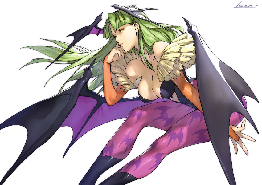 1girl animal_print bare_shoulders bat_wings breasts demon_wings green_eyes green_hair head_wings highres kotatsu_(g-rough) long_hair looking_at_viewer morrigan_aensland open_mouth parted_lips signature simple_background vampire_(game) white_background wings