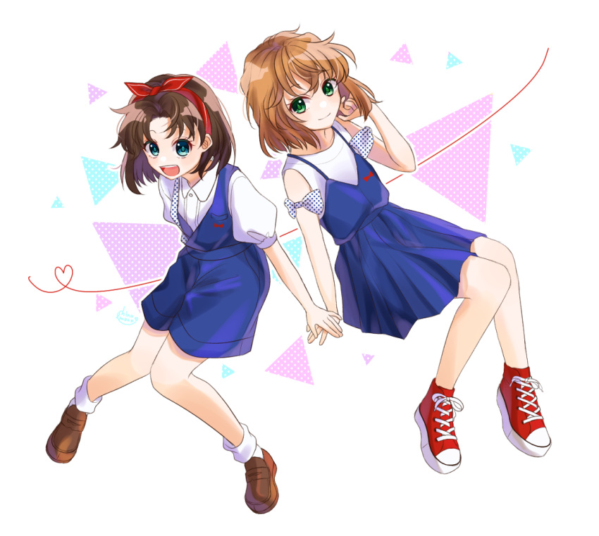 2girls :d blue_dress blue_eyes bow bow_hairband brown_footwear brown_hair closed_mouth collared_shirt dress dress_shirt green_eyes haibara_ai hair_bow hair_intakes hairband hand_in_own_hair hand_on_hand loafers medium_hair meitantei_conan multiple_girls open_mouth outline pleated_dress red_bow red_footwear red_hairband shinomono921 shiny shiny_hair shirt shoes short_dress sleeveless sleeveless_dress sleeveless_shirt smile socks white_background white_shirt white_socks wing_collar yoshida_ayumi