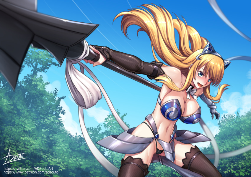 1girl :d adsouto animal_ears armor armpits asymmetrical_sleeves bangs bikini_armor black_panties black_sleeves black_thighhighs blonde_hair blue_eyes blue_sky blush breasts cat_ears cleavage day detached_sleeves elina fake_animal_ears floating_hair gauntlets grey_hairband hair_between_eyes hairband highres holding holding_polearm holding_weapon large_breasts long_hair long_sleeves navel open_mouth outdoors panties polearm queen's_blade shiny shiny_hair sideboob signature sky smile solo strapless thighhighs underwear very_long_hair watermark weapon web_address