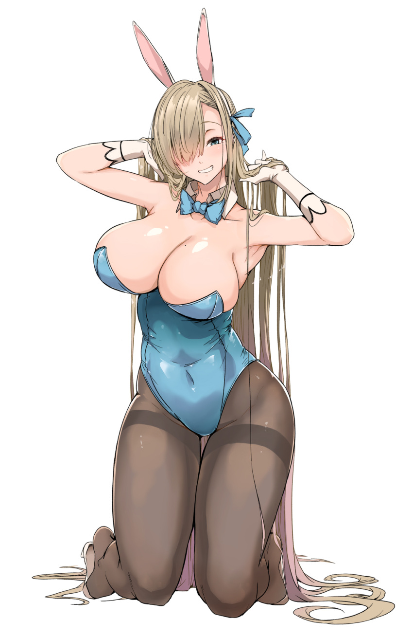 1girl animal_ears asuna_(blue_archive) asuna_(bunny)_(blue_archive) bangs bare_shoulders blue_archive blue_eyes blue_leotard blush breasts brown_pantyhose cleavage detached_collar elbow_gloves fake_animal_ears gloves grin hair_over_one_eye hair_ribbon highleg highleg_leotard highres kneeling large_breasts leotard light_brown_hair long_hair looking_at_viewer mole mole_on_breast pantyhose playboy_bunny rabbit_ears ribbon smile solo thighs tokiwa_midori_(kyokutou_funamushi) very_long_hair white_gloves