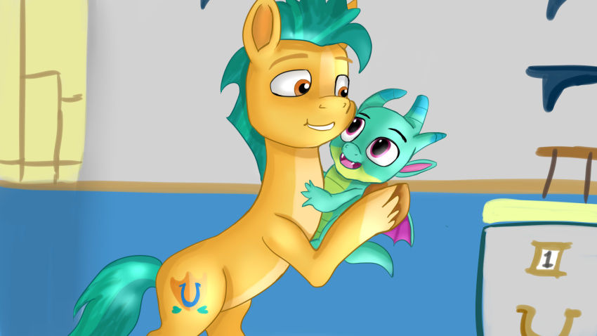 dragon duo earth_pony embrace equid equine hasbro hi_res hitch_trailblazer_(mlp) horse hug jbond male mammal mlp_g5 my_little_pony office open_mouth pony sparky_sparkeroni_(mlp)