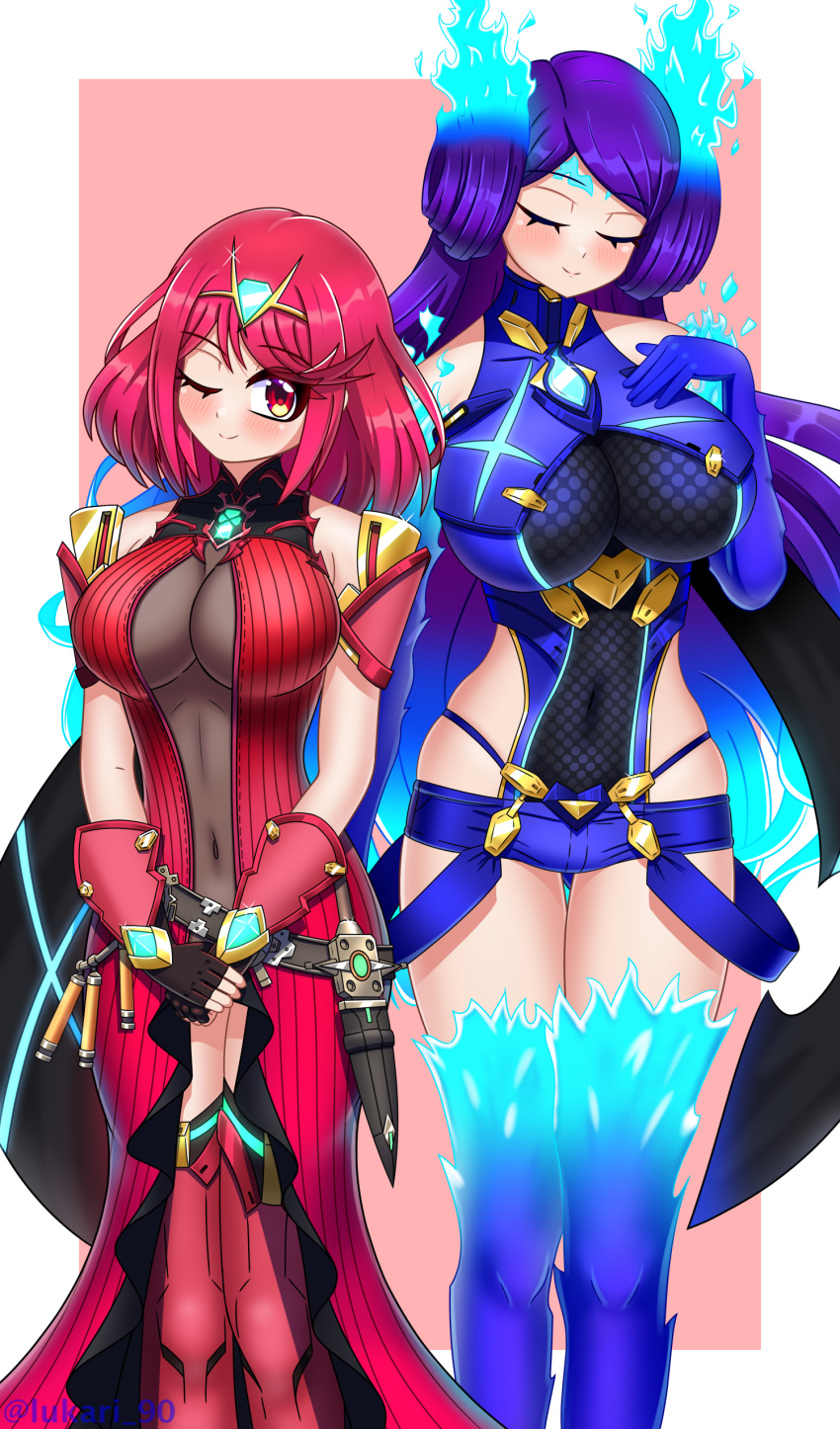 2girls absurdres bangs black_gloves breasts brighid_(xenoblade) chest_jewel closed_eyes color_switch cosplay costume_switch curvy earrings fiery_hair fingerless_gloves gloves highres jewelry large_breasts long_hair lukari multiple_girls purple_hair pyra_(xenoblade) red_eyes red_hair short_hair short_shorts shorts swept_bangs thighhighs tiara very_long_hair xenoblade_chronicles_(series) xenoblade_chronicles_2