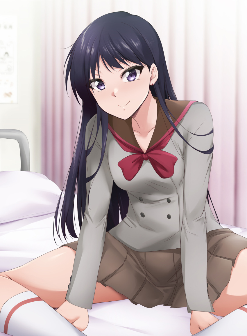 1girl bangs bed bishoujo_senshi_sailor_moon black_hair bow bowtie brown_sailor_collar brown_skirt closed_mouth collared_shirt earrings grey_shirt highres hino_rei indoors jewelry kaiga kneehighs long_hair miniskirt on_bed pillow pleated_skirt purple_eyes red_bow red_bowtie sailor_collar sailor_shirt school_uniform shiny shiny_hair shirt sitting skirt smile socks solo spread_legs straight_hair ta_girls_school_uniform very_long_hair white_socks