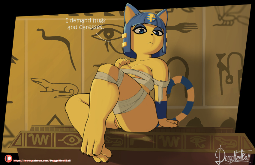 3_toes animal_crossing ankha_(animal_crossing) anthro areola bandage blue_eyes blue_hair breasts cleavage clothed clothing dialogue digital_media_(artwork) doggomeatball domestic_cat english_text feet felid feline felis female genitals hair hi_res hieroglyphics looking_at_viewer mammal nintendo nude pussy raised_leg sitting solo text thick_thighs toes video_games yellow_body