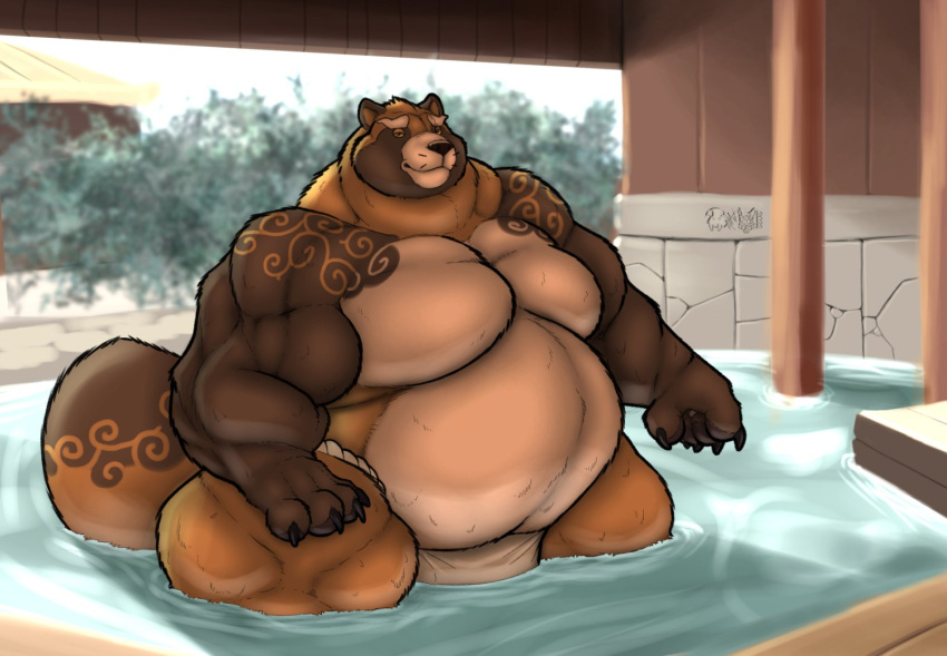 2022 anthro bathing belly big_belly canid canine detailed_background drwhalerus gyobu hi_res kemono lifewonders male mammal moobs obese obese_male overweight overweight_male raccoon_dog solo tanuki tattoo tokyo_afterschool_summoners video_games water