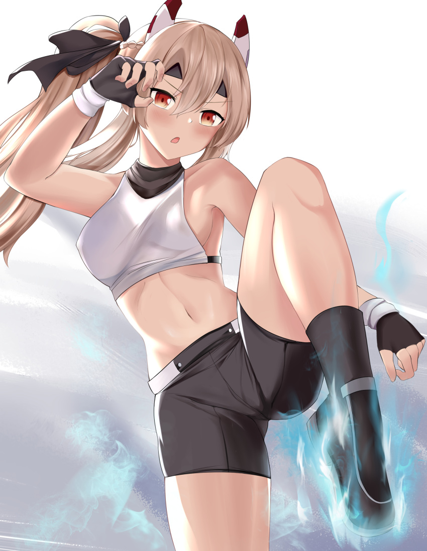 1girl :o absurdres arm_up ayanami_(azur_lane) ayanami_(dynamic_kick!)_(azur_lane) azur_lane bangs bare_shoulders bike_shorts black_footwear black_gloves blonde_hair blush boots breasts chinese_commentary commentary_request cowboy_shot crop_top fingerless_gloves fire gloves hair_between_eyes highres long_hair midriff navel open_mouth orange_eyes paid_reward_available ponytail shirt shorts sideboob sidelocks sleeveless sleeveless_shirt small_breasts solo standing standing_on_one_leg white_shirt zdj