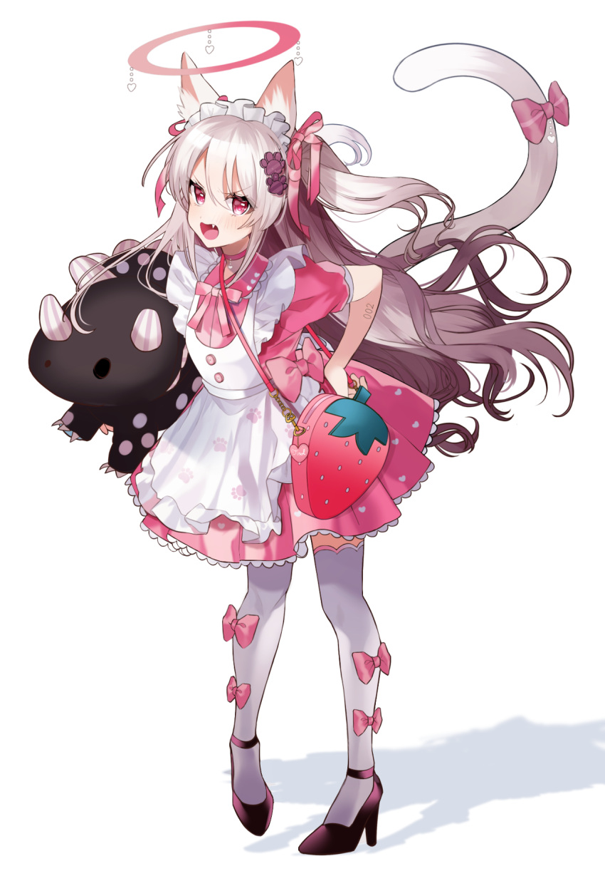 1girl angry animal_ears apron bag bangs black_footwear bow carrying carrying_under_arm cat_ears cat_girl cat_tail dress fang food-themed_bag frilled_skirt frills frown full_body hair_bow hair_ribbon halo hand_on_hip heart heart_print high_heels highres long_hair looking_at_viewer maid maid_apron maid_headdress open_mouth original paw_hair_ornament paw_print pigeon-toed pink_bow pink_dress pink_skirt pleated_skirt pomu_(pomu_me) red_eyes revision ribbon shoes short_sleeves simple_background skirt solo standing strawberry_bag stuffed_animal stuffed_toy tail tail_bow tail_ornament tail_raised thighhighs two_side_up v-shaped_eyebrows very_long_hair wavy_hair white_background white_thighhighs