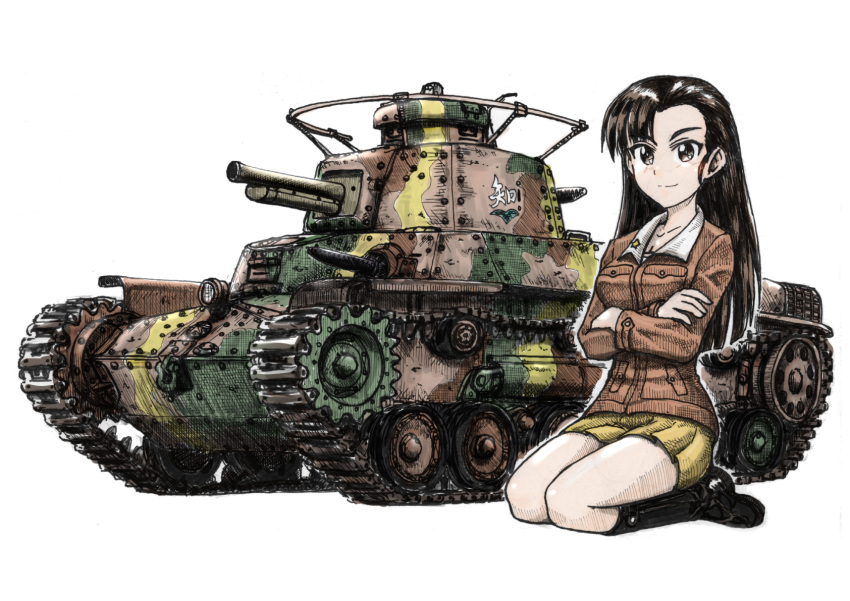 1girl black_hair camouflage chi-hatan_(emblem) chi-hatan_school_uniform crossed_arms emblem girls_und_panzer ground_vehicle highres long_hair looking_at_viewer military military_vehicle motor_vehicle nishi_kinuyo nspa_(spa-jcs) school_uniform sitting sketch smile solo tan tank type_97_chi-ha white_background