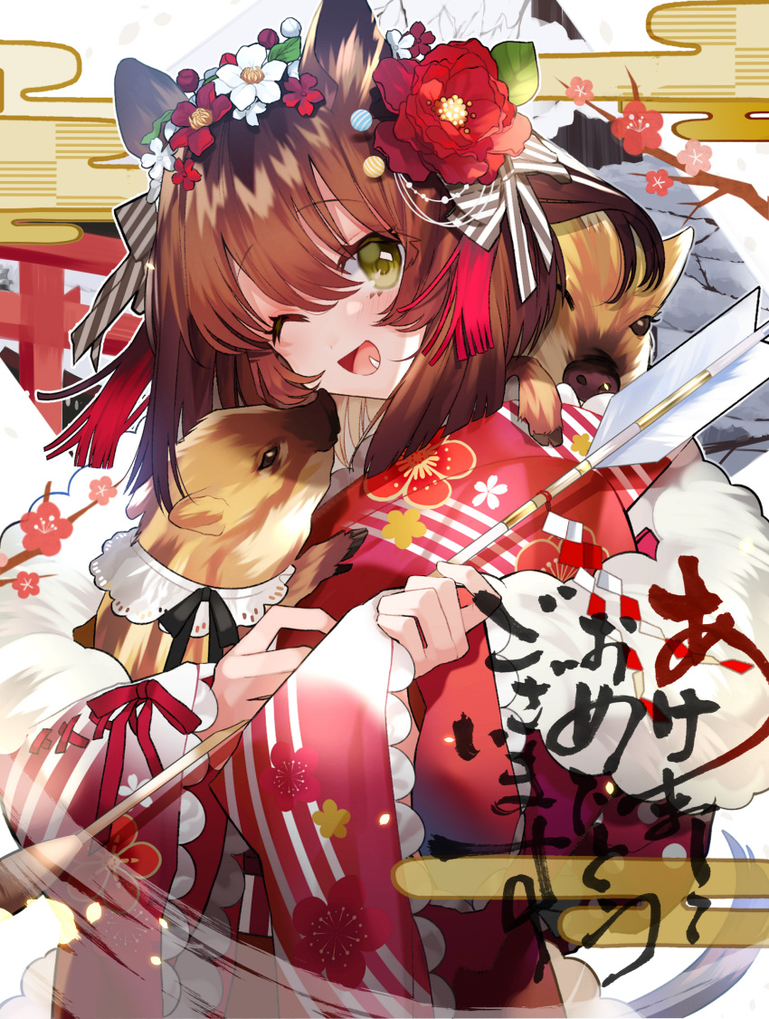 1girl absurdres animal animal_ears animal_on_shoulder arrow_(projectile) bangs boar bow brown_hair fang flower frilled_sleeves frills green_eyes hair_between_eyes hair_bow hair_flower hair_ornament hair_ribbon highres holding holding_animal japanese_clothes kimono long_sleeves looking_at_viewer new_year open_mouth original pomu_(pomu_me) red_flower red_kimono ribbon smile solo_focus tail upper_body white_flower wide_sleeves