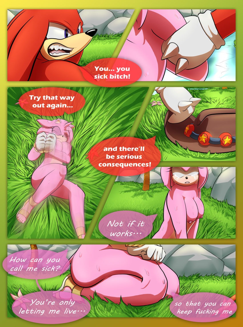 2021 absurd_res amy_rose anthro areola arms_tied bdsm bodily_fluids bondage bound breasts breech_loader cleavage clothed clothing comic crying detailed_background dialogue duo echidna english_text eulipotyphlan female footwear fur green_eyes handwear hat headgear headwear hedgehog hi_res kidnapping knuckles_the_echidna male male/female mammal monotreme nipples nude outside pink_body pink_fur profanity purple_eyes red_body red_fur restraints rope rope_bondage sandals sega slap sonic_the_hedgehog_(series) speech_bubble tears text toso video_games water