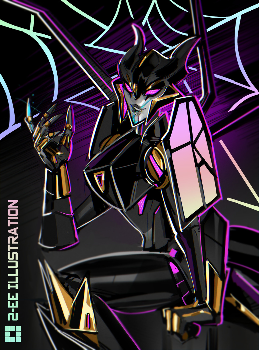 1girl 2-ee absurdres airachnid clenched_hand decepticon english_commentary extra_arms from_side head_tilt highres liquid_from_mouth looking_at_viewer mecha open_hand parted_lips purple_eyes robot silk sitting smile solo spider_web transformers transformers_prime