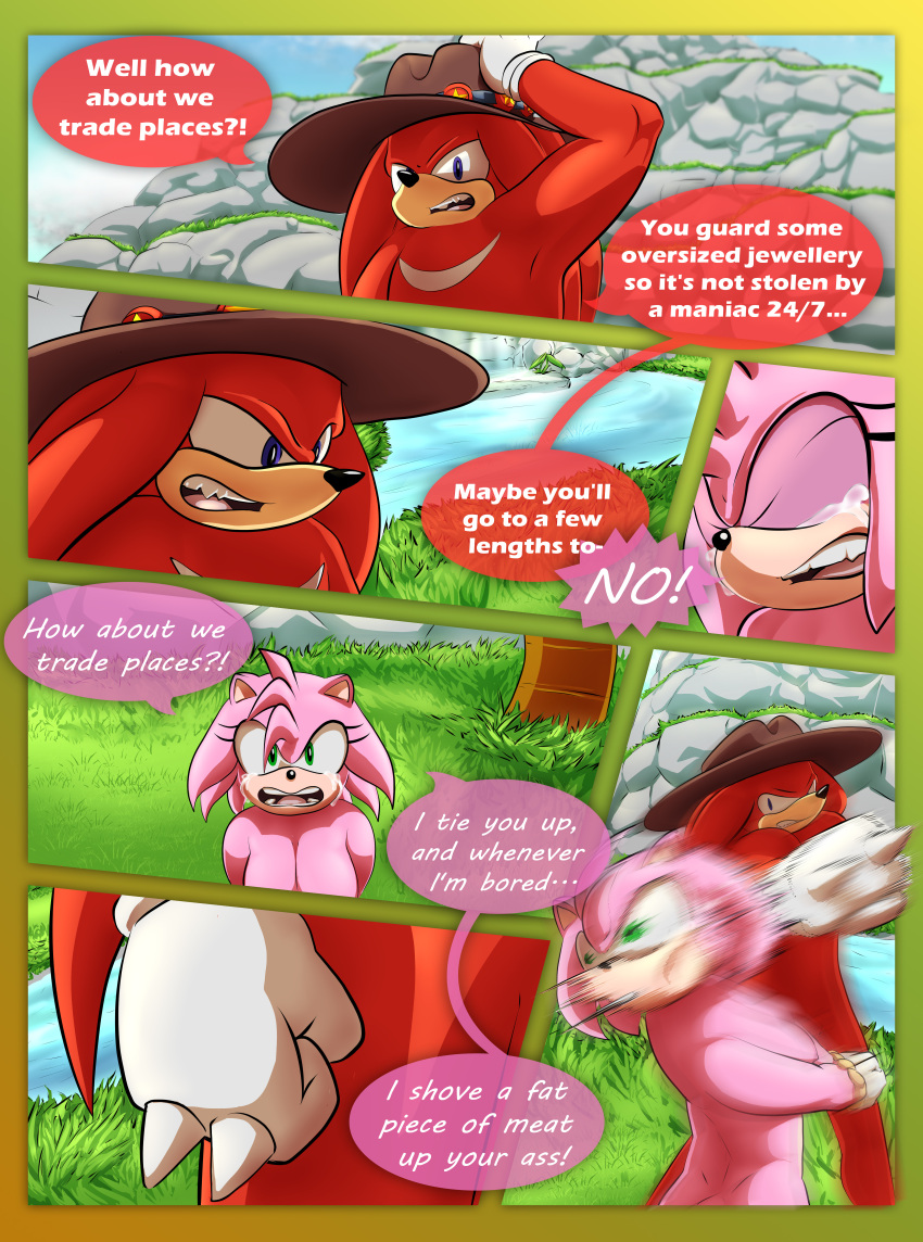 2021 absurd_res amy_rose anthro areola arms_tied bdsm bodily_fluids bondage bound breasts breech_loader cleavage clothed clothing comic crying detailed_background dialogue duo echidna english_text eulipotyphlan female fur green_eyes handwear hat headgear headwear hedgehog hi_res kidnapping knuckles_the_echidna male male/female mammal monotreme nipples nude outside pink_body pink_fur punch purple_eyes red_body red_fur restraints rope rope_bondage sega sonic_the_hedgehog_(series) speech_bubble tears text toso video_games water