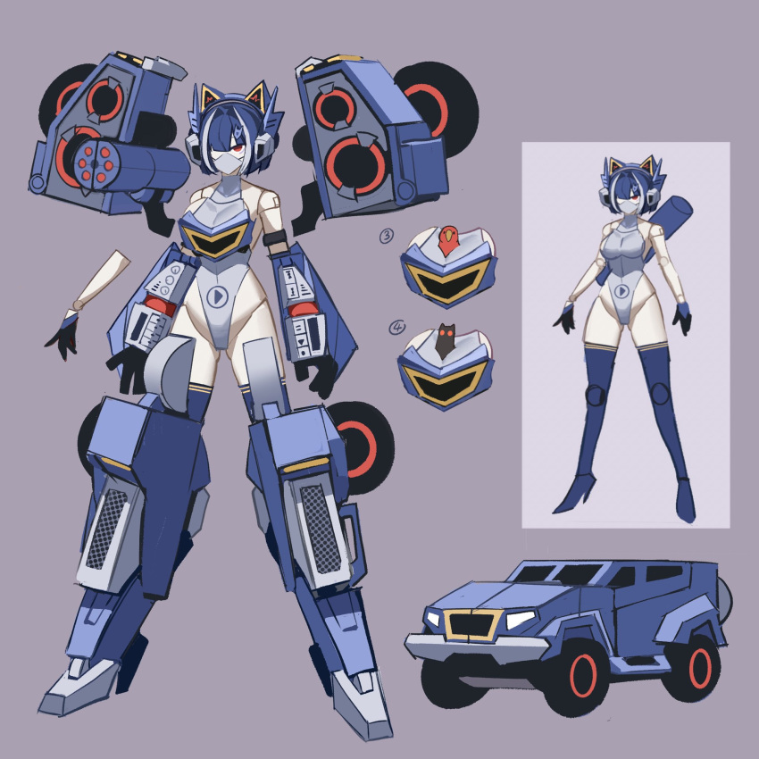 animal_between_breasts animalization bangs bird blue_hair breasts cat cat_ear_headphones chinese_commentary english_commentary genderswap genderswap_(mtf) grey_background grey_leotard hair_over_one_eye headphones highres humanization laserbeak leotard mask mecha_musume medium_breasts metal_boots mixed-language_commentary mouth_mask one_eye_covered ravage_(transformers) red_eyes shoulder_cannon sideboob soundwave_(transformers) speaker sports_utility_vehicle theamazingspino transformers
