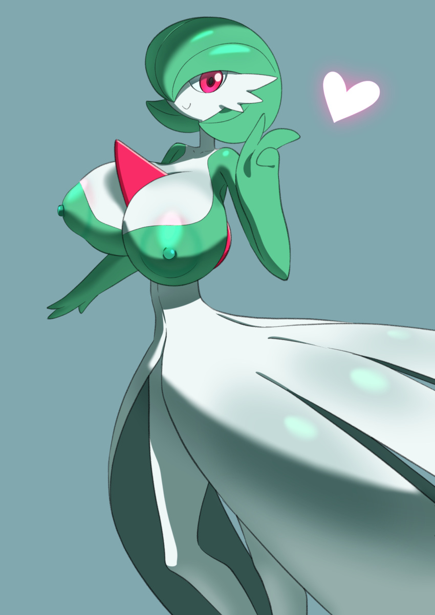 &lt;3 3_fingers areola big_areola big_breasts black_pupils breasts cheek_tuft chest_spike cleavage closed_smile clothed clothing collarbone dress facial_tuft female fingers gardevoir generation_3_pokemon gesture glistening glistening_breasts glistening_eyes glistening_hair green_body green_hair green_skin grey_background hair hi_res humanoid ika_daishougun mouth_closed multicolored_body multicolored_skin nintendo nipple_outline nipples noseless pokemon pokemon_(species) pseudo_clothing pupils red_eyes red_spikes short_hair simple_background small_waist smile solo spikes spikes_(anatomy) standing tuft two_tone_body two_tone_skin v_sign video_games white_areola white_body white_clothing white_dress white_nipples white_skin