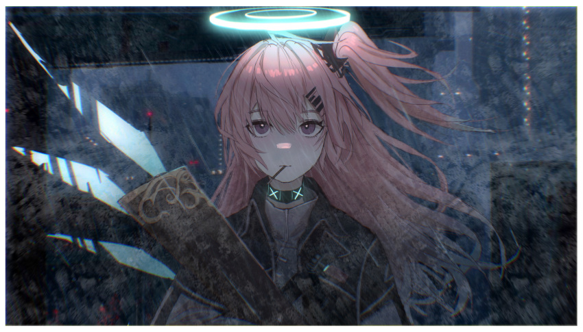 1girl ambriel_(arknights) arknights bagml black_collar black_jacket collar detached_wings eating energy_wings food gun hair_between_eyes hair_ornament hairclip halo highres holding holding_gun holding_weapon infection_monitor_(arknights) jacket long_hair mouth_hold night one_side_up outdoors pink_hair pocky purple_eyes rain rifle sniper_rifle upper_body weapon wind wings