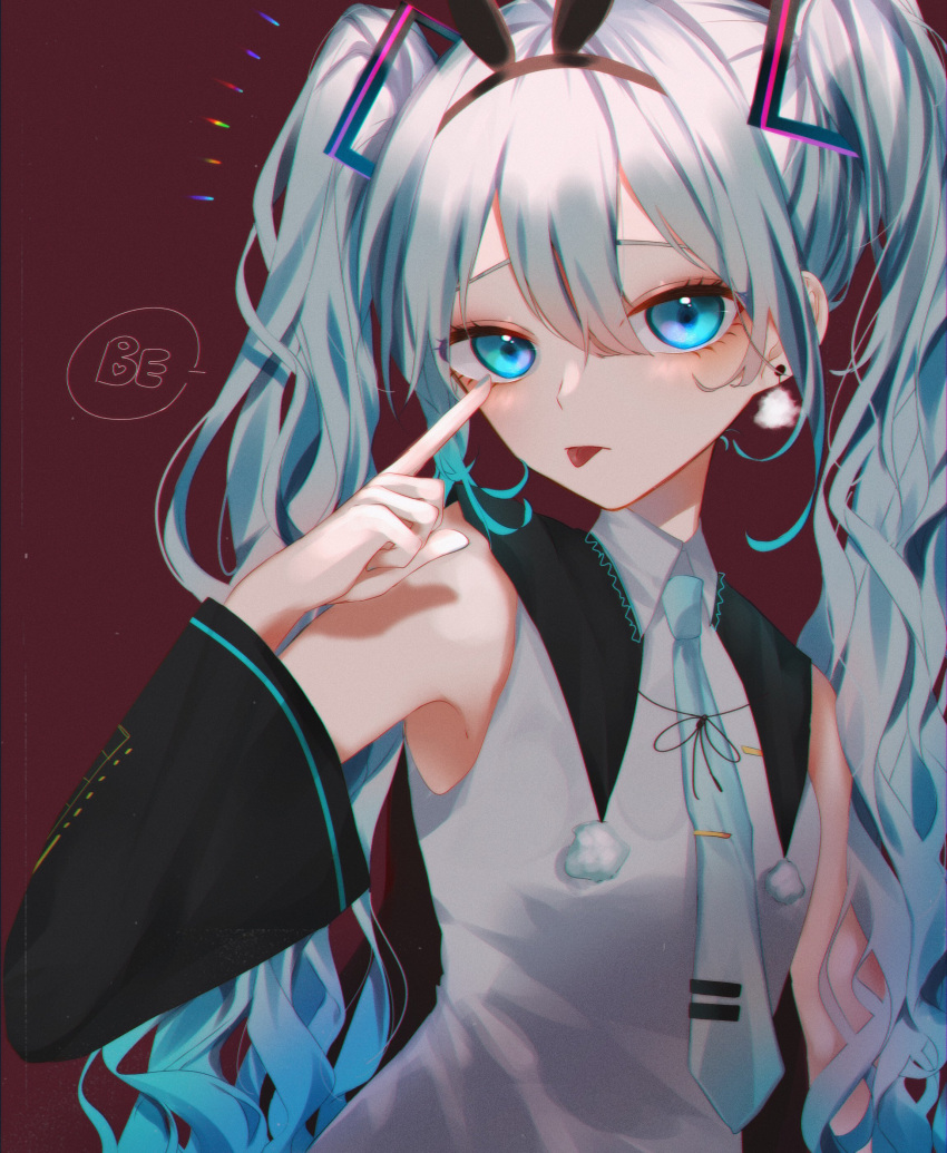 1girl :p absurdres akanbe bangs black_hairband black_sleeves blue_hair blue_necktie closed_mouth collared_shirt commentary detached_sleeves earrings grey_shirt hair_between_eyes hair_ornament hairband hatsune_miku highres jewelry long_hair looking_at_viewer necktie pom_pom_(clothes) pom_pom_earrings red_background shirt sleeveless sleeveless_shirt solo speech_bubble tie_clip tongue tongue_out twintails upper_body very_long_hair vocaloid vptku