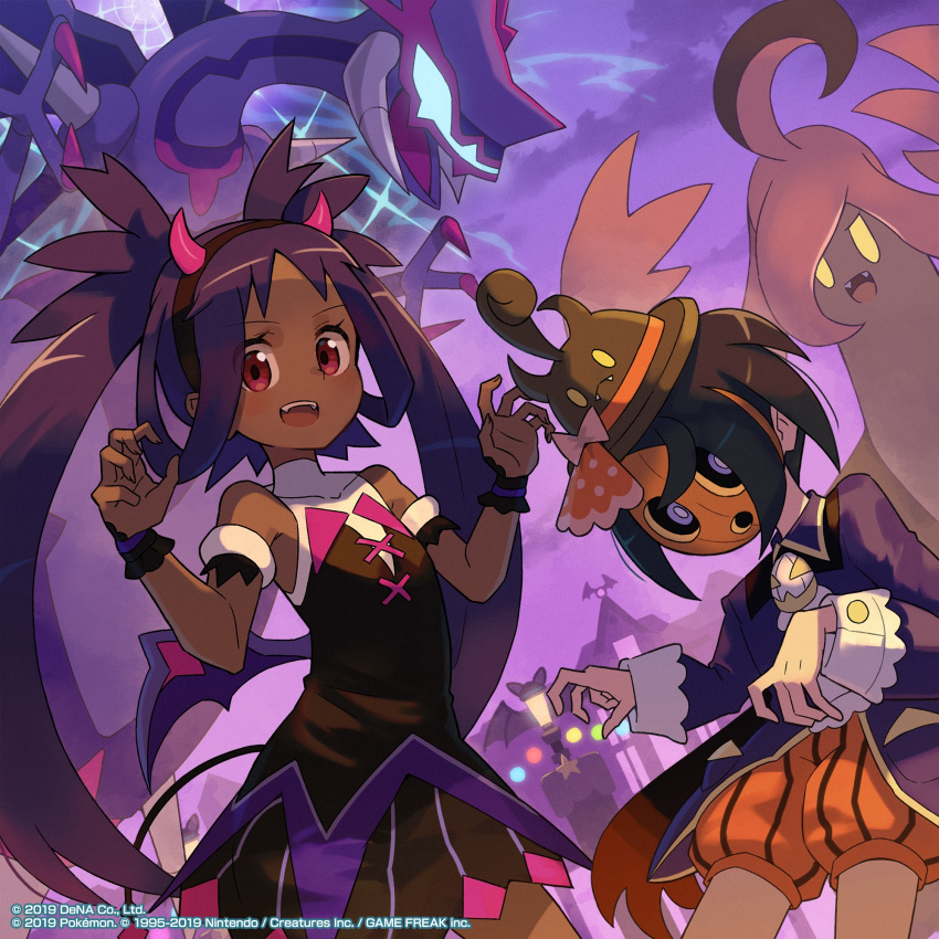 1boy 1girl allister_(pokemon) armlet artist_request bangs bare_shoulders bright_pupils brown_headwear claw_pose commentary_request covered_collarbone dark-skinned_female dark_skin dress eyelashes fake_horns gourgeist hair_rings hairband hands_up hat highres horns iris_(pokemon) long_sleeves mask naganadel night official_alternate_costume official_art open_mouth orange_shorts outdoors pokemon pokemon_(creature) pokemon_(game) pokemon_masters_ex purple_eyes purple_hair short_hair shorts teeth tongue twintails upper_teeth watermark