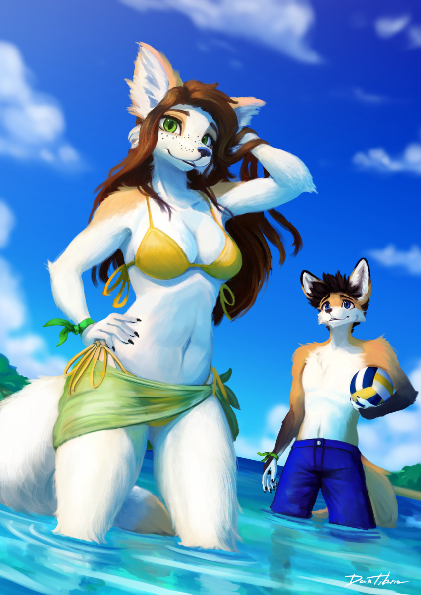 anthro ball bikini blue_eyes bracelet breasts brown_hair canid canine clothed clothing cloud daniel_tibana duo female fox fur green_eyes hair hand_in_hair hi_res holding_ball holding_object jewelry light long_hair looking_at_another looking_at_viewer male mammal navel orange_body orange_fur outside short_hair sky smile standing sunlight swimming_trunks swimwear teeth topless topless_male touching_hair volleyball_(ball) water white_body white_fur