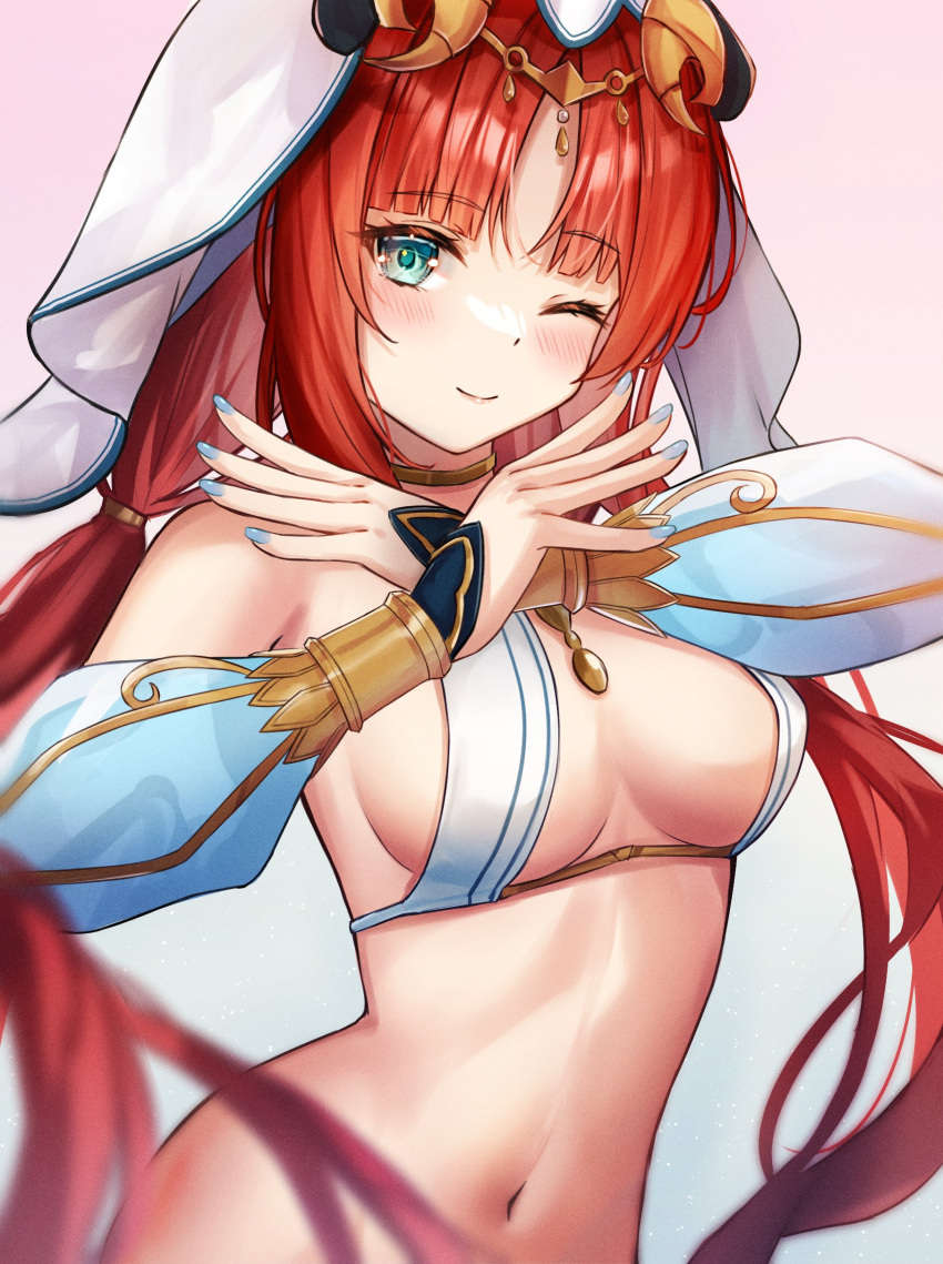 1girl ;) absurdres aqua_eyes atychi breasts genshin_impact highres horns long_hair long_sleeves looking_at_viewer medium_breasts navel nilou_(genshin_impact) one_eye_closed out-of-frame_censoring puffy_long_sleeves puffy_sleeves red_hair smile solo stomach twintails vambraces veil