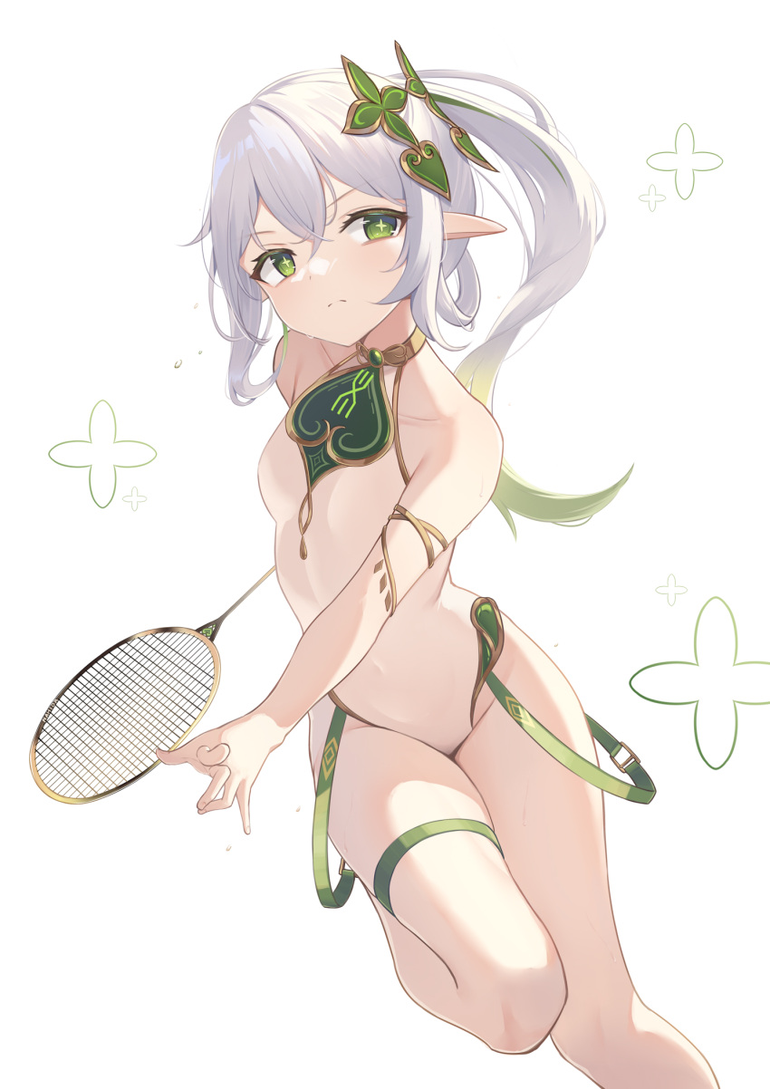 &gt;:( +_+ 1girl adapted_costume airool armlet badminton_racket bare_shoulders breasts closed_mouth genshin_impact gradient_hair green_eyes green_hair grey_hair highres holding leg_up leotard long_hair looking_at_viewer multicolored_hair nahida_(genshin_impact) pointy_ears racket side_ponytail simple_background small_breasts solo standing standing_on_one_leg thigh_strap v-shaped_eyebrows white_background white_leotard