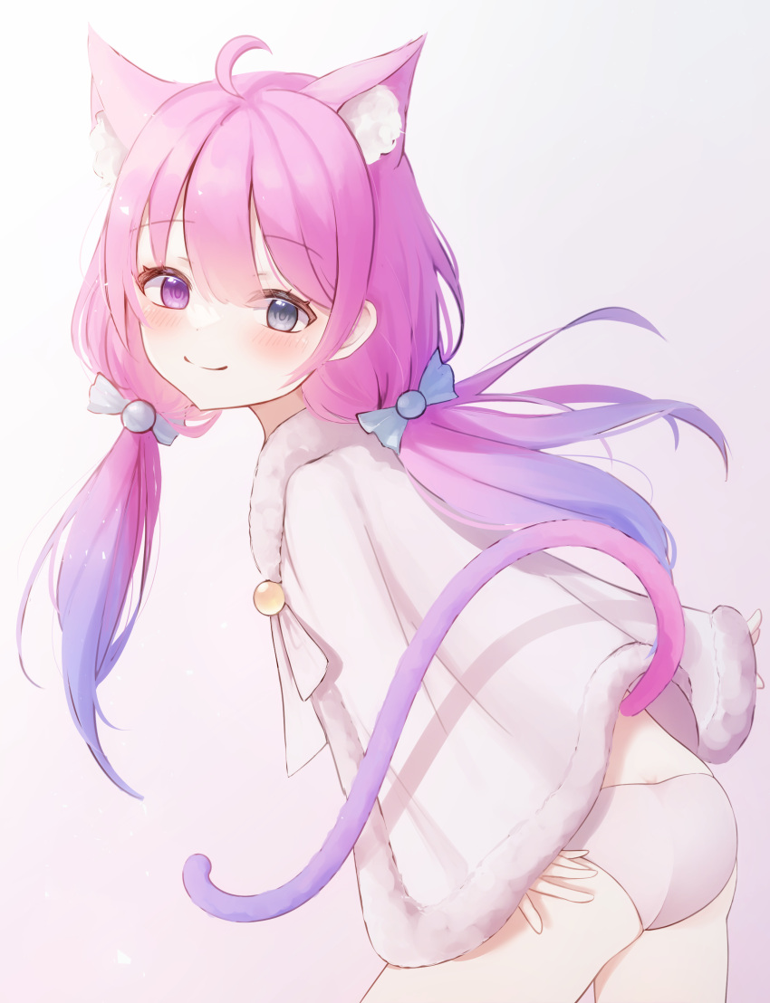 1girl absurdres ahoge animal_ear_fluff animal_ears aqua_eyes bangs blush candy_hair_ornament cat_ears cat_tail closed_mouth dot_nose food-themed_hair_ornament glint gradient gradient_background gradient_hair hair_between_eyes hair_ornament heterochromia highres himemori_luna hololive looking_at_viewer looking_back mang multicolored_hair panties pantyshot pink_hair pink_tail purple_eyes purple_hair purple_tail smile solo tail thighs twintails two-tone_tail underwear virtual_youtuber white_panties