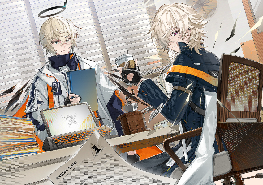 2boys absurdres arknights black_gloves black_jacket black_pants blinds blonde_hair blue_eyes chair closed_mouth coffee_grinder commentary cup desk detached_wings disposable_cup enforcer_(arknights) executor_(arknights) file fingerless_gloves frown gloves hair_between_eyes hair_over_one_eye halo highres holding holding_cup id_card jacket long_sleeves looking_at_object looking_at_viewer male_focus mechanical_halo multiple_boys on_chair one_eye_covered pants paper parted_lips purple_eyes shidare_(youh4016) short_hair sitting smile typewriter v-shaped_eyebrows white_jacket wings