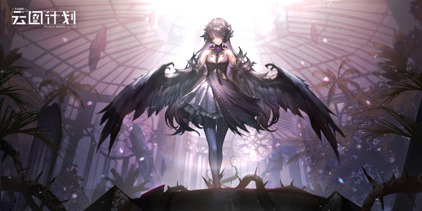 1girl black_choker character_request choker closed_eyes closed_mouth dress feathers girls'_frontline_neural_cloud highres light_smile long_hair official_art purple_dress purple_hair skirt solo stage very_long_hair wings