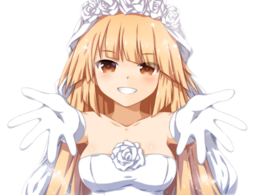 1girl blonde_hair breasts bridal_veil bride brooklyn_(kancolle) dress elbow_gloves flower fukaiton gloves kantai_collection large_breasts long_hair looking_at_viewer official_alternate_costume red_eyes rose smile solo strapless strapless_dress veil wedding_dress white_dress white_flower white_gloves white_rose