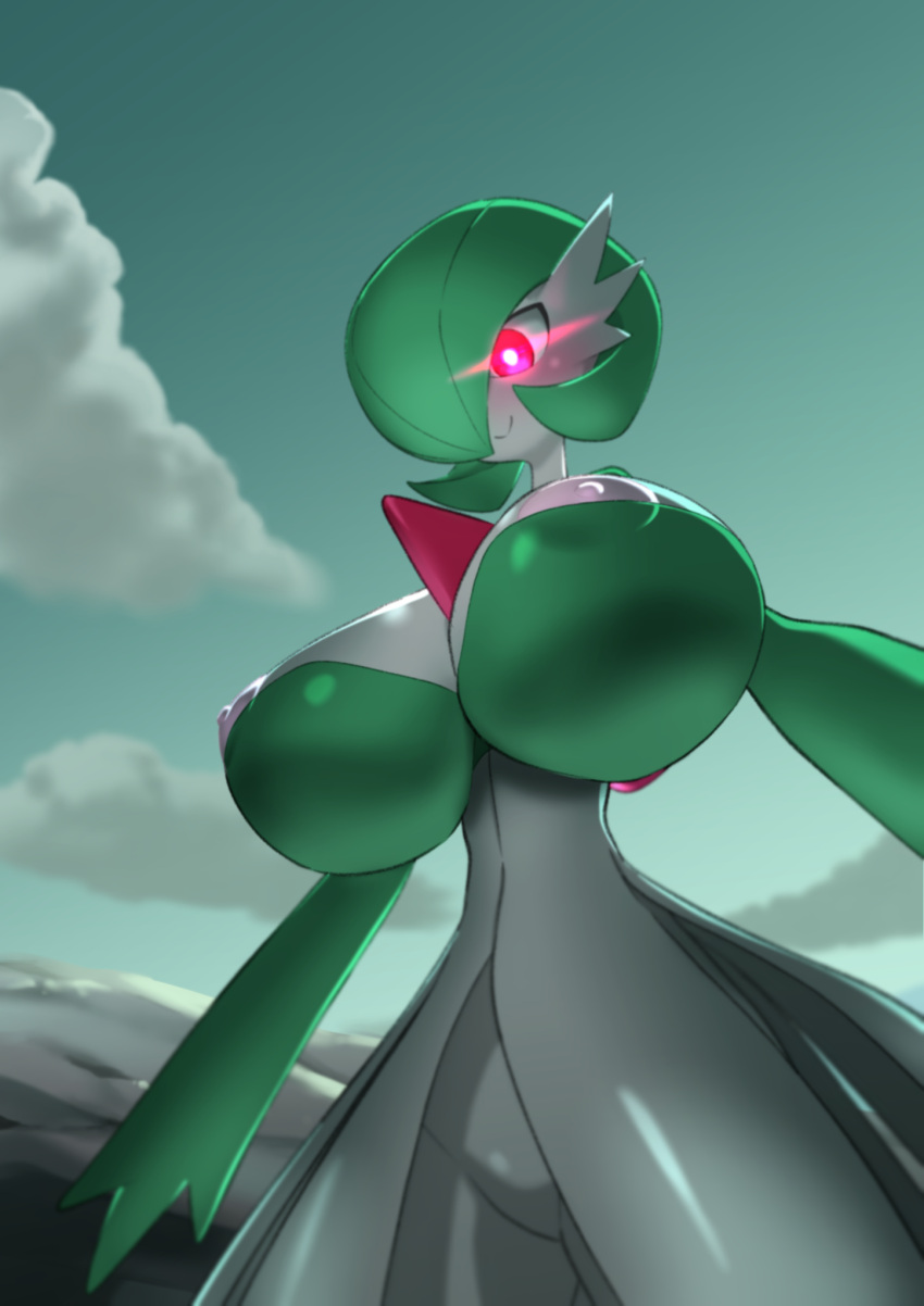 3_fingers alpha_pok&eacute;mon areola areola_slip big_breasts breasts cheek_tuft chest_spike cleavage closed_smile clothed clothing cloud dress facial_tuft featureless_crotch female fingers gardevoir generation_3_pokemon glistening glistening_breasts glowing glowing_eyes green_body green_hair green_skin hair hi_res huge_breasts humanoid ika_daishougun looking_down low-angle_view macro mouth_closed multicolored_body multicolored_skin nintendo nipple_outline nipple_slip nipples noseless pink_eyes pokemon pokemon_(species) pokemon_legends_arceus pseudo_clothing pupils red_spikes short_hair sky smile solo spikes spikes_(anatomy) standing tuft two_tone_body two_tone_skin unimpressed video_games white_areola white_body white_clothing white_dress white_nipples white_pupils white_skin worm's-eye_view
