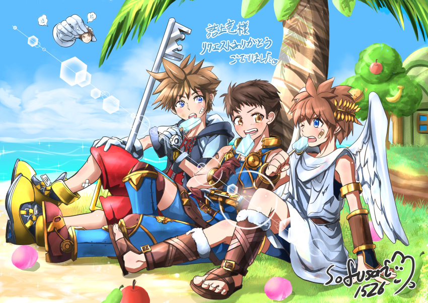 3boys absurdres against_tree angel_wings apple banana beach blue_eyes blue_sky brown_hair commentary commission food fruit grass highres keyblade kid_icarus kid_icarus_uprising kingdom_hearts kingdom_hearts_i kingdom_key laurel_crown lens_flare looking_at_another master_hand multiple_boys palm_tree peach pear pit_(kid_icarus) popsicle rex_(xenoblade) skeb_commission sky sofusan1526 spiked_hair super_smash_bros. tree wings xenoblade_chronicles_(series) xenoblade_chronicles_2