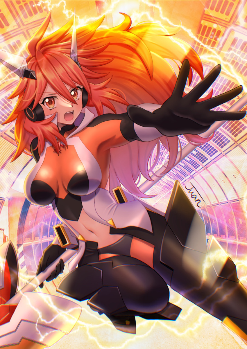 1girl amou_kanade bangs black_gloves bodysuit breasts breasts_apart crop_top floating_hair gloves hair_between_eyes highres holding holding_weapon juan_0121 long_hair medium_breasts midriff navel open_mouth orange_eyes orange_hair senki_zesshou_symphogear shiny shiny_hair skin_tight solo stomach very_long_hair weapon