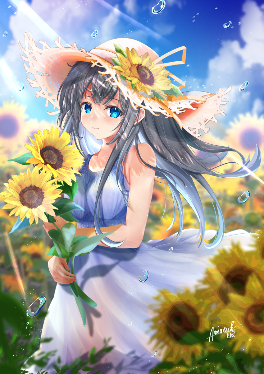 1girl absurdres amatsuki_rei artist_name bangs black_hair blue_dress blue_eyes blue_hair blue_sky blush closed_mouth cloud dress flower hat highres holding holding_flower long_hair multicolored_hair original sky sleeveless sleeveless_dress smile solo summer sun_hat sunflower watermark