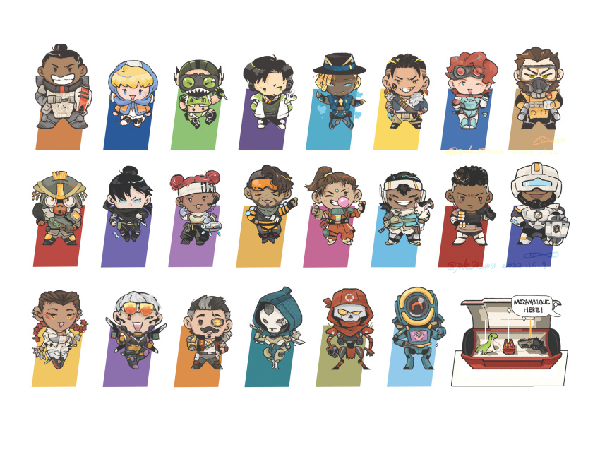 &gt;_&lt; 1other 6+boys 6+girls a-13_sentry ambiguous_gender ammunition_box animal_on_arm animal_on_shoulder apex_legends aqua_shirt ash_(titanfall_2) assault_visor balisong bandana bangalore_(apex_legends) bat_(animal) bird bird_on_arm black_headwear black_sclera blonde_hair bloodhound_(apex_legends) blue_headwear blue_leotard bodysuit braid brown_eyes butterfly_knife_(apex_legends) caustic_(apex_legends) chibi closed_eyes colored_sclera crypto_(apex_legends) d.o.c._health_drone dark-skinned_female dark-skinned_male dark_skin double_bun drone echo_(apex_legends) english_commentary everyone eyepatch facial_hair fuse_(apex_legends) g7_scout gibraltar_(apex_legends) goatee goggles goggles_on_head green_eyes grey_hair gun hack_(apex_legends) hair_bun handgun helmet highres holding holding_gun holding_knife holding_skull holding_weapon hood hood_up hooded_leotard horizon_(apex_legends) humanoid_robot jacket jetpack jumpsuit knife kunai leotard lifeline_(apex_legends) loba_(apex_legends) long_hair mad_maggie_(apex_legends) mirage_(apex_legends) missile_pod multiple_boys multiple_girls mustache nessie_(respawn) newcastle_(apex_legends) octane_(apex_legends) one-eyed one_eye_closed one_eye_covered orange_bodysuit orange_hair orange_jumpsuit parted_lips pathfinder_(apex_legends) ponytail rampart_(apex_legends) red_bandana red_jacket red_scarf revenant_(apex_legends) sa-3_mozambique scarf seer_(apex_legends) shirt short_hair simulacrum_(titanfall) skull smile spacesuit twin_braids v-shaped_eyebrows valkyrie_(apex_legends) vantage_(apex_legends) wattson_(apex_legends) weapon white_jacket wraith's_kunai wraith_(apex_legends) wu5 yellow_eyes