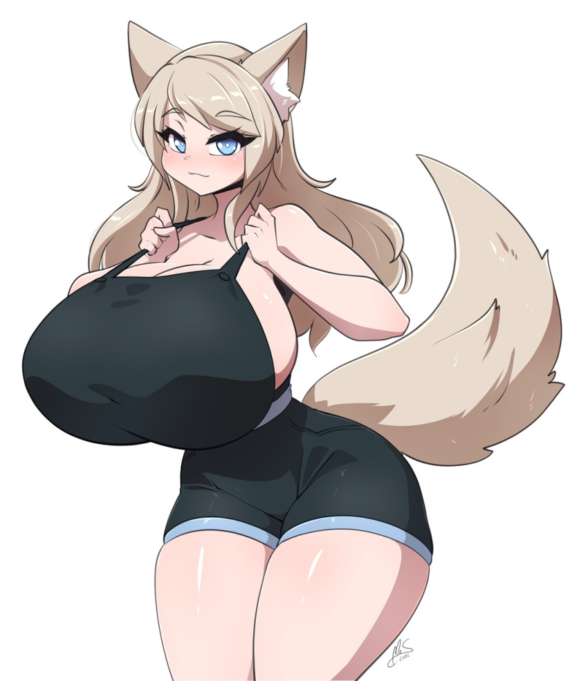 adjusting_clothing animal_humanoid big_breasts blue_eyes bottomwear breasts brown_hair canid canid_humanoid canine canine_humanoid clothing female fluffy fluffy_tail hair hi_res huge_breasts humanoid inner_ear_fluff long_hair looking_at_viewer mammal mammal_humanoid mrsakai shorts side_boob simple_background solo standing tuft watermark white_background wolf_humanoid