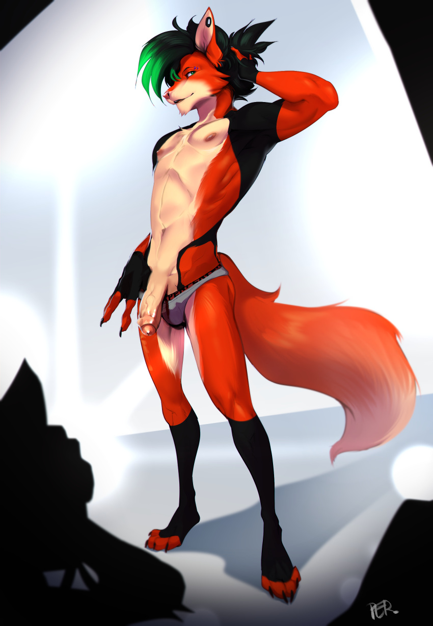 2022 absurd_res anthro athletic biped black_hair brown_body brown_penis bulge canid canine claws clothed clothing clothing_pull conner_(khayen) digital_drawing_(artwork) digital_media_(artwork) digitigrade ear_piercing english_text eyebrow_piercing facial_piercing flaccid foreskin fox genitals glans green_eyes green_hair hair hand_behind_head hi_res humanoid_genitalia humanoid_penis leg_markings looking_away male mammal markings model nipples orange_body partially_retracted_foreskin penis peritian piercing pink_glans pink_nipples pink_nose signature simple_background skimpy socks_(marking) solo suggestive text underwear underwear_pull vein veiny_penis