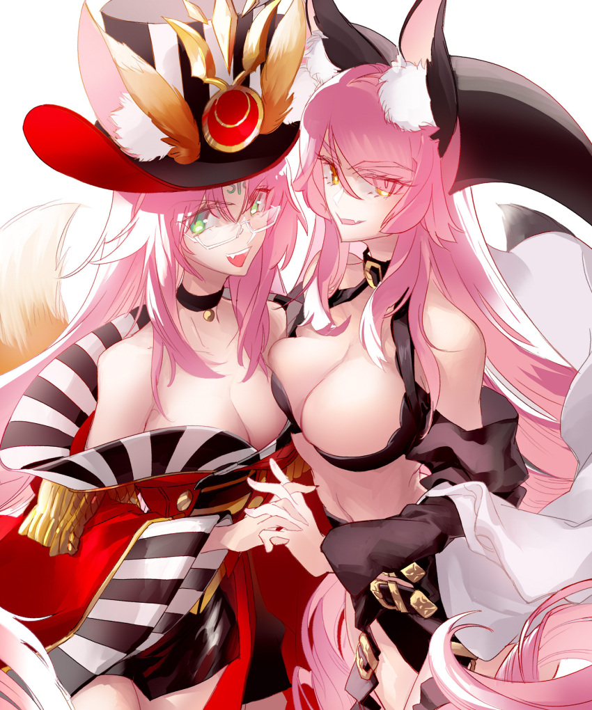 2girls animal_ears bare_shoulders breasts choker cleavage cosplay costume_switch detached_sleeves facial_mark fate/grand_order fate_(series) forehead_mark fox_ears fox_girl fox_tail glasses green_eyes gushu009 hat highres holding_hands houshin_engi huge_breasts interlocked_fingers koyanskaya_(lostbelt_beast:iv)_(fate) long_hair multiple_girls off_shoulder open_mouth pink_hair smile so_dakki tail trait_connection yellow_eyes