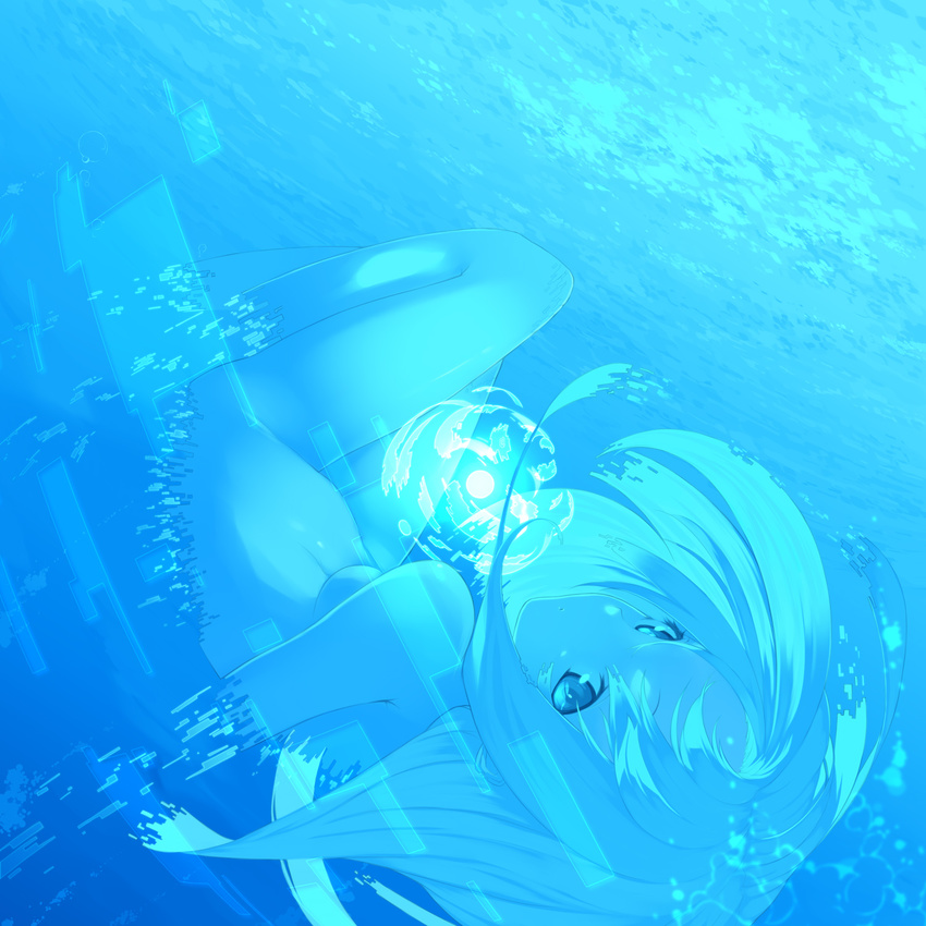 blue digital_dissolve from_above highres long_hair monochrome nude original senmu solo sun underwater water