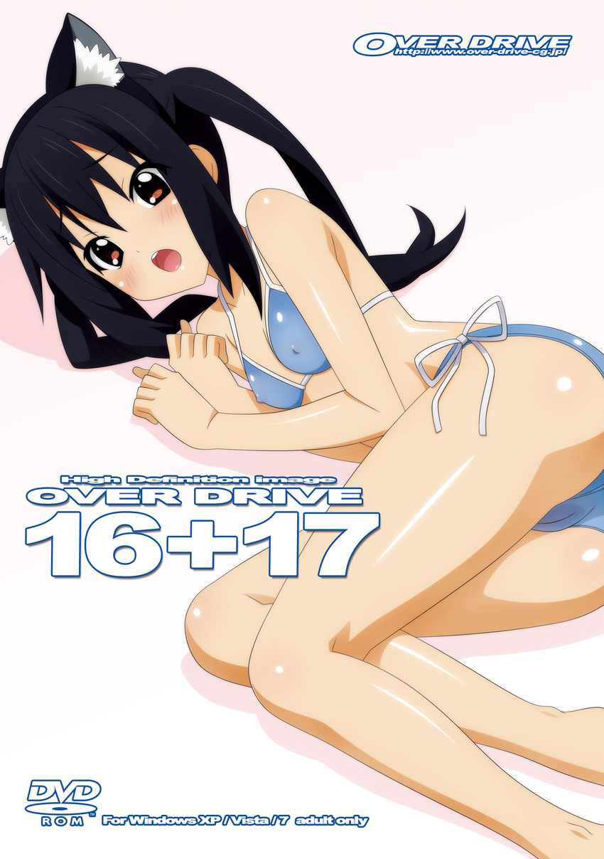 absurdres animal_ears bikini black_hair brown_eyes cameltoe cat_ears covered_nipples flat_chest highres k-on! long_hair lying nakano_azusa on_side open_mouth red_eyes side-tie_bikini solo sugimura_tomokazu swimsuit twintails