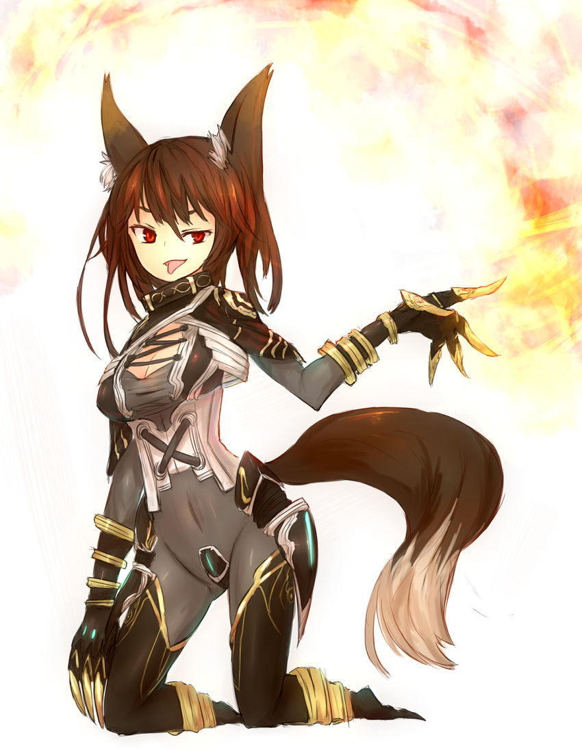 :p animal_ears armor bad_id bad_pixiv_id black_hair bodysuit breasts claws cleavage fire fox_ears fox_tail ganesagi gauntlets highres kneeling medium_breasts original red_eyes short_hair solo tail tongue tongue_out