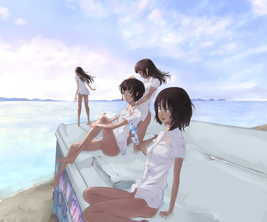 arm_support barefoot bottle bottomless brown_eyes brown_hair bug bus cloud commentary_request day dragonfly dress_shirt from_behind ground_vehicle highres insect legs long_hair motor_vehicle multiple_girls naked_shirt ocean open_mouth original palm_tree reflection rooftop shirt short_hair sitting sky standing summer tree tsukino_hp water_bottle wind yokozuwari
