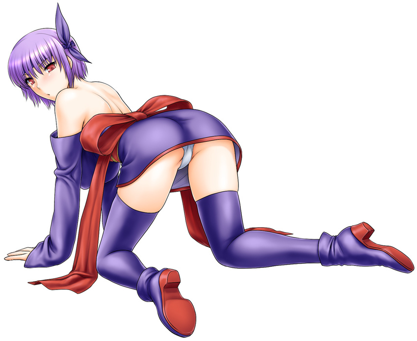 all_fours arm_support ass ayane_(doa) back bare_shoulders bent_over boots bow dead_or_alive hair_bow legs looking_back md5_mismatch panties purple_footwear purple_hair red_eyes short_hair solo st.germain-sal thighhighs underwear upskirt