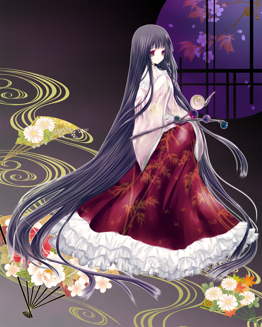 absurdly_long_hair black_hair branch brown_eyes dress fan flower folding_fan frilled_dress frills full_body highres houraisan_kaguya jeweled_branch_of_hourai lizrin long_hair peony_(flower) smile solo touhou very_long_hair