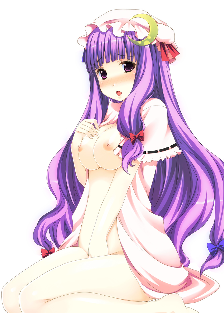 blush bow breasts crescent hair_bow hat highres kaneru large_breasts long_hair nipples open_clothes open_mouth open_robe patchouli_knowledge purple_eyes purple_hair robe simple_background solo touhou