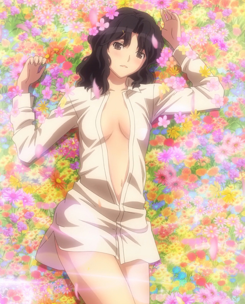 amagami black_hair bottomless field flower flower_field highres lying messy_hair naked_shirt navel non-web_source on_back open_clothes open_shirt screencap shirt solo stitched tanamachi_kaoru third-party_edit