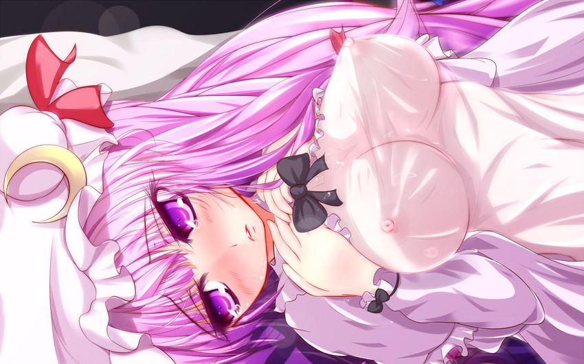 blush breasts covered_nipples crescent_moon furaido hat highres image_sample large_breasts long_hair lying moon nightgown nipples on_back patchouli_knowledge pixiv_sample purple_hair see-through solo touhou upper_body